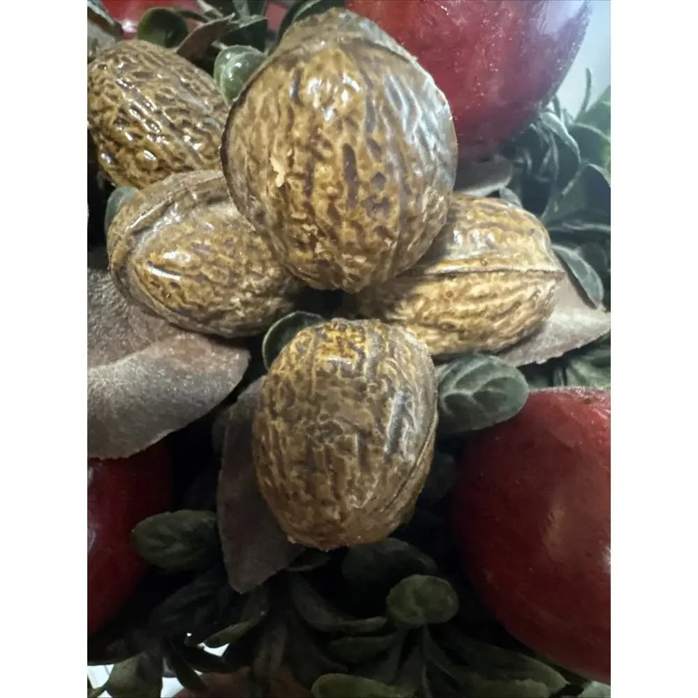 Vintage Plastic Fruit Arrangement Woven Basket Walnuts Apples Grapes Ladybug MCM